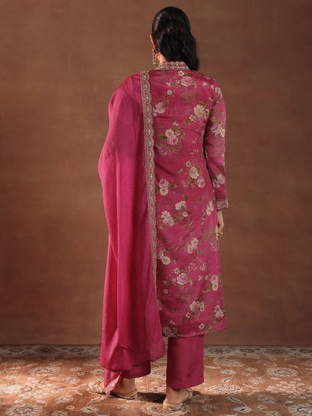Women Floral Printed V-Neck Thread Work Silk Kurta With Trousers & Dupatta