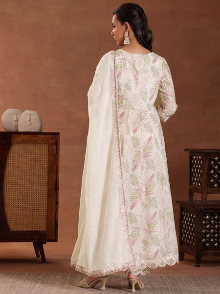 Women Floral Printed Panelled Thread Work Pure Cotton Kurta with Trousers & With Dupatta