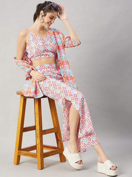 Ethnic Motifs Printed Pure Cotton Top & Trousers With Shrug & Scrunchie Coord Set VitansEthnics