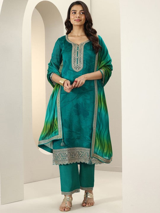 Women Floral Embroidered Regular Silk Chiffon Kurta with Trousers & With Dupatta Indian Suit Set VitansEthnics