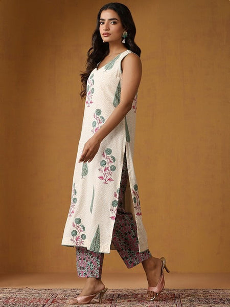 Women Floral Printed Sleeveless Pure Cotton Kurta Set With Dupatta Set VitansEthnics