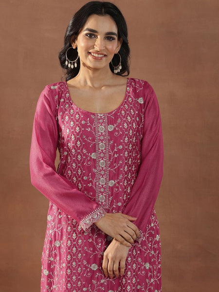Pink Floral Embroidered Scoop Neck Sequinned Straight Kurta With Trousers & Dupatta