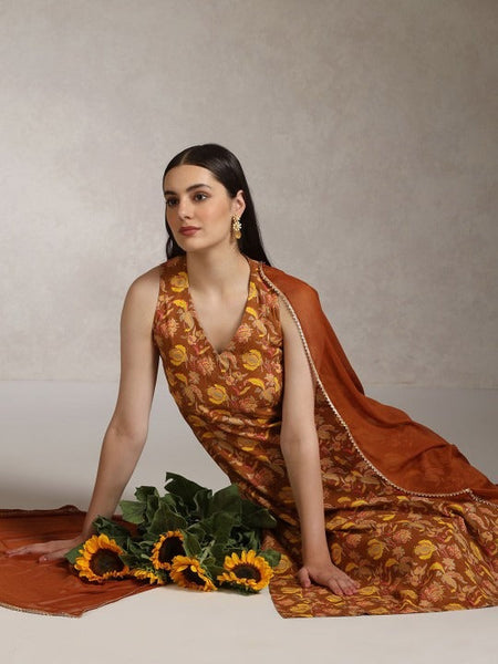 Women Floral Printed Sleeveless Pure Cotton Kurta Set With Dupatta Set VitansEthnics