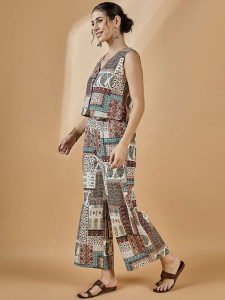 Women Ethnic Printed Pure Cotton Waistcoat With Trousers Set Indo-Western Outfit VitansEthnics