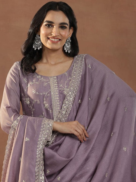 Mauve Floral Embroidered Round Neck Sequinned Straight Kurta With Trousers & Dupatta