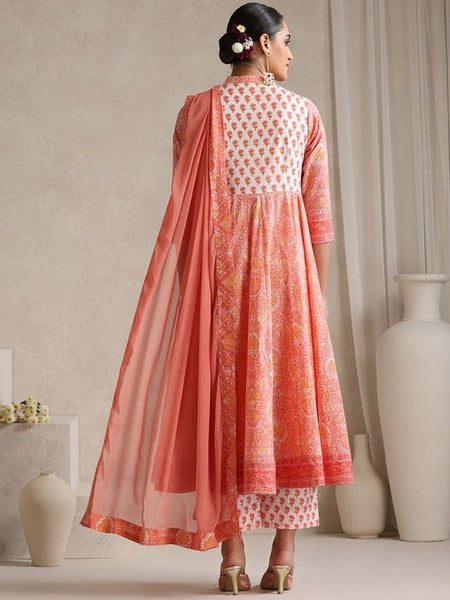 Women Floral Printed Mandarin Collar Pure Cotton Anarkali Kurta & Palazzos & Dupatta VitansEthnics