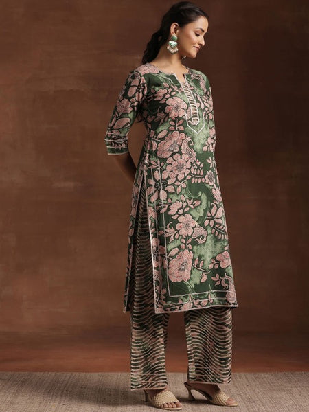 Women Green Floral Printed Gotta Patti Pure Cotton Kurta With Palazzos & Dupatta