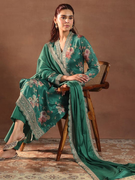 Women Floral Printed V-Neck Thread Work Silk Kurta With Trousers & Dupatta