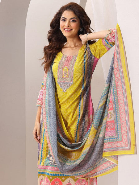 Women Yellow Ethnic Motifs Printed Round Neck Straight Kurta with Trousers & Dupatta Set VitansEthnics