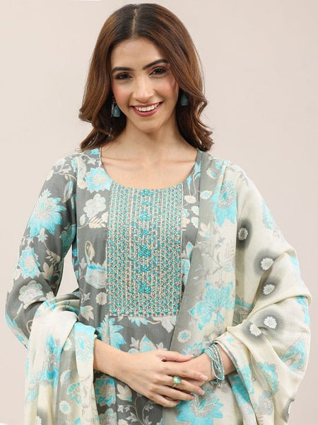 Floral Printed Thread Work Round Neck Straight Kurta With Trousers & Dupatta Set VitansEthnics