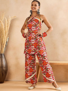 Women Floral Printed Halter Neck Top With Palazzos Set Indo-Western Outfit VitansEthnics