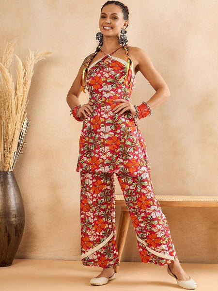 Women Floral Printed Halter Neck Top With Palazzos Set Indo-Western Outfit VitansEthnics