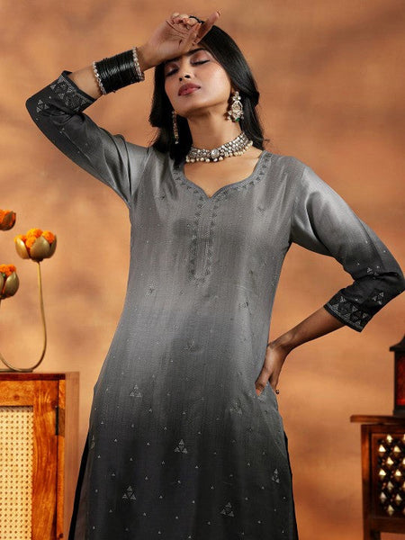 Women Grey Ombre Regular Beads and Stones Kurta with Trousers & With Dupatta Set VitansEthnics