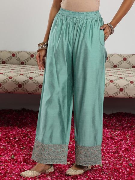 Sea Green Floral Embroidered Sequinned Chanderi Silk Kurta with Palazzo & Dupatta