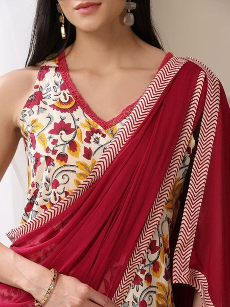 Floral Printed V-Neck Pure Cotton Straight Kurta With Trousers & Dupatta Set VitansEthnics