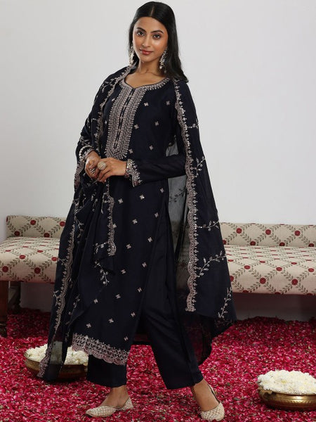 Navy Blue Floral Embroidered Sequinned Straight Kurta with Trouser & Dupatta