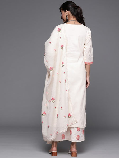 Women Off White & Pink Cotton Floral Thread Work Kurta with Palazzos & Dupatta Set