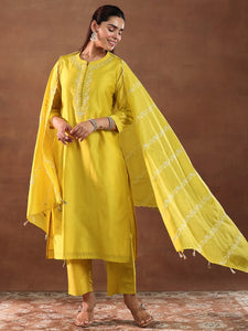 Floral Yoke Design Thread Work Chanderi Silk Straight Kurta With Trouser & Dupatta