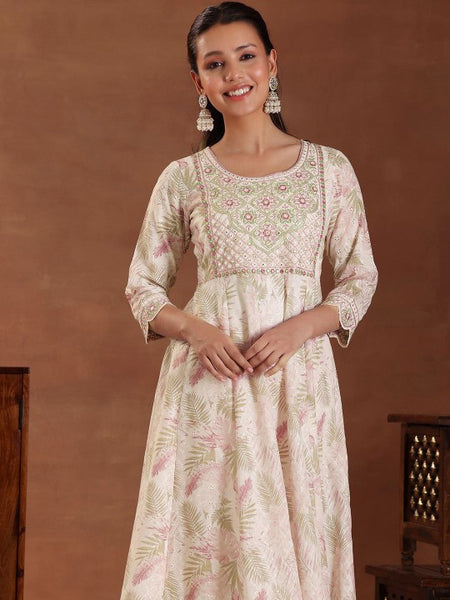 Women Floral Printed Panelled Thread Work Pure Cotton Kurta with Trousers & With Dupatta