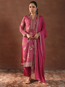 Women Floral Printed V-Neck Thread Work Silk Kurta With Trousers & Dupatta