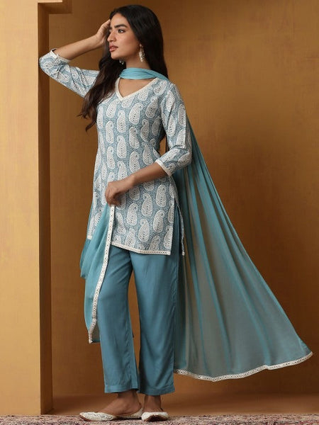 Women Paisley Printed Regular Straight Above Knee Kurta with Palazzos & Dupatta Set VitansEthnics