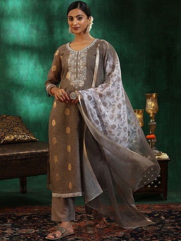 Women Grey Ethnic Motifs Regular Sequinned Kurta with Trousers & With Dupatta Set VitansEthnics