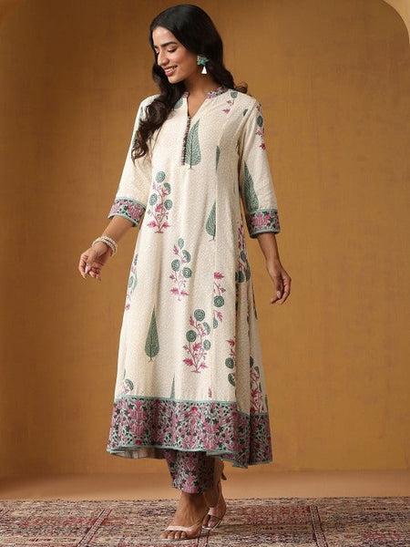 Women Floral Printed Mandarin Collar Pure Cotton A-Line Kurta With Trousers & Dupatta VitansEthnics
