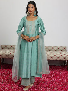 Sea Green Floral Embroidered Sequinned Chanderi Silk Kurta with Palazzo & Dupatta