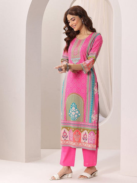 Women Ethnic Motifs Printed Round Neck Straight Kurta with Trousers & Dupatta Set VitansEthnics