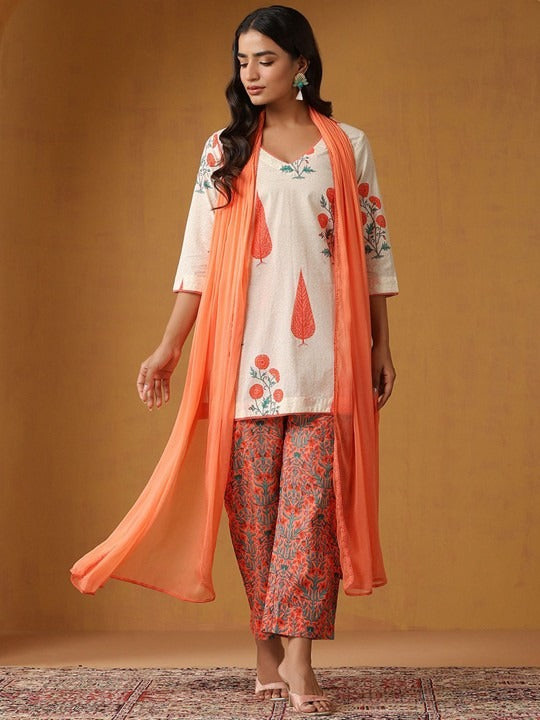 Women Floral Printed Regular Pure Cotton Kurti with Palazzos & Dupatta Set VitansEthnics