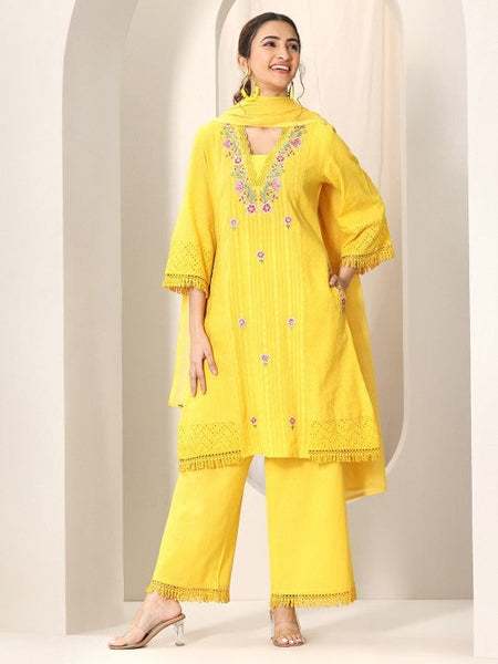 Women Floral Embroidered Square Neck Panelled Mirror Work Kurta With Palazzo & Dupatta Set VitansEthnics