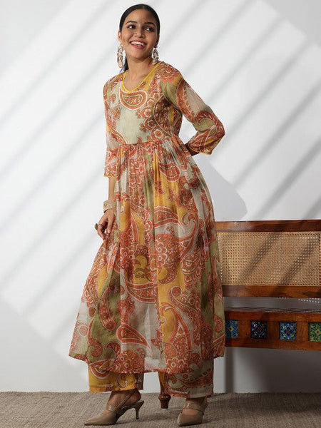 Women Ethnic Motifs Printed V-Neck Beads and Stones A-Line Kurta With Palazzos & Dupatta Set VitansEthnics