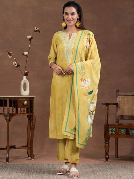Women Floral Yoke Design Thread Work Notch Neck Straight Kurta with Trousers & Dupatta Set VitansEthnics
