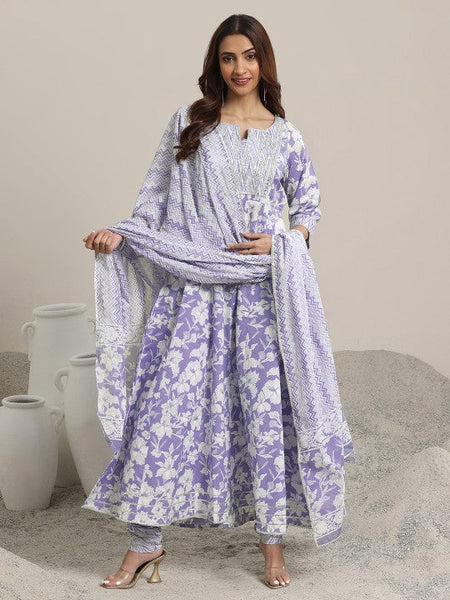 Women Floral Printed Thread Work Pure Cotton Anarkali Kurta with Churidar & Dupatta VitansEthnics