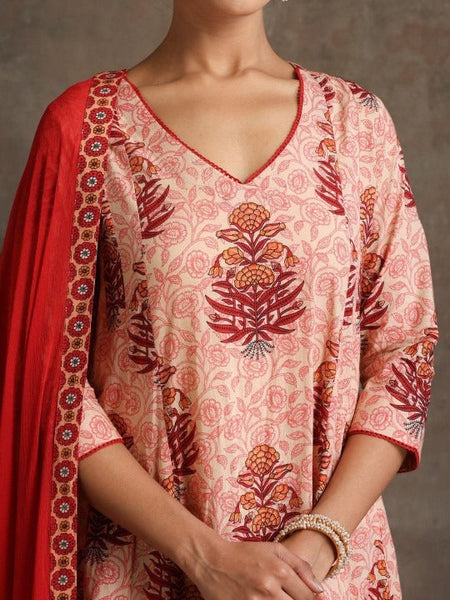 Women Floral Printed Pure Cotton Anarkali Kurta With Palazzos And Dupatta Set VitansEthnics