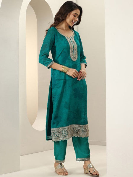 Women Floral Embroidered Regular Silk Chiffon Kurta with Trousers & With Dupatta Indian Suit Set VitansEthnics
