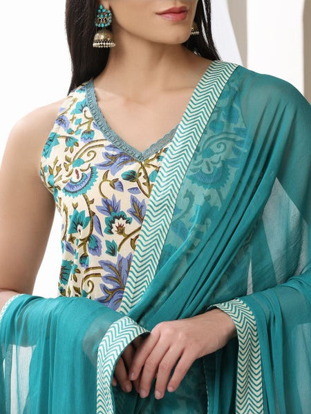 Women Floral Printed V-Neck Pure Cotton Straight Kurta With Trousers & Dupatta Set VitansEthnics