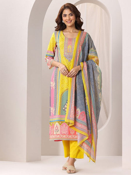 Women Yellow Ethnic Motifs Printed Round Neck Straight Kurta with Trousers & Dupatta Set VitansEthnics