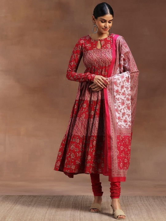 Women Floral Printed Empire Keyhole Neck Anarkali Kurta With Churidar And Dupatta VitansEthnics