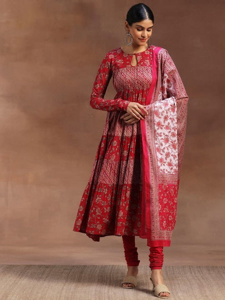 Women Floral Printed Empire Keyhole Neck Anarkali Kurta With Churidar And Dupatta VitansEthnics