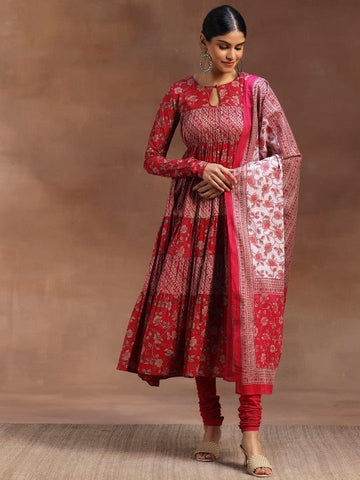 Women Floral Printed Empire Keyhole Neck Anarkali Kurta With Churidar And Dupatta VitansEthnics