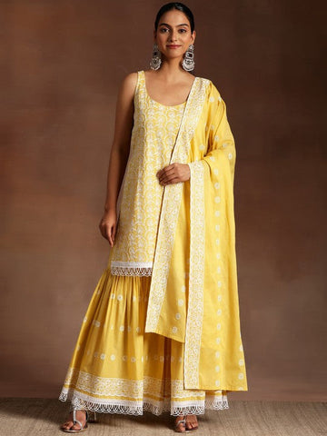 Women Ethnic Motifs Embroidered High Slit Pure Cotton Kurta & Sharara With Dupatta Set VitansEthnics
