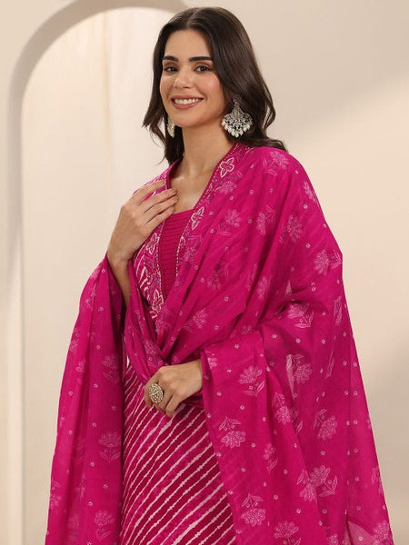 Women Leheriya Printed V-Neck Straight Kurta With Trousers & Dupatta VitansEthnics