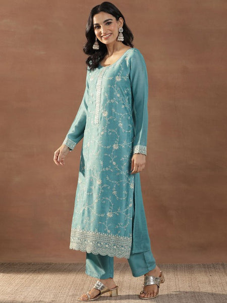 Blue Floral Embroidered Scoop Neck Sequinned Straight Kurta With Trousers & Dupatta
