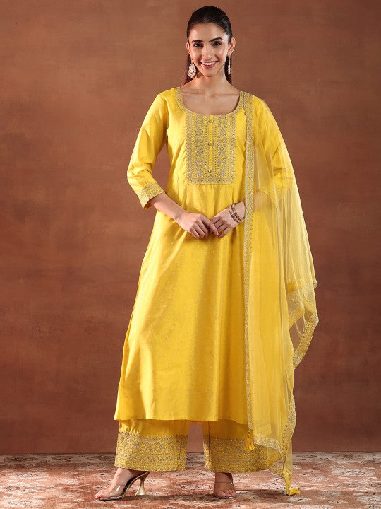 Yellow Ethnic Motifs Woven Design Chanderi Silk A-Line Kurta with Palazzo & Dupatta