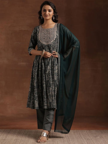 Women Ethnic Motifs Embroidered Pleated A-Line Kurta With Trouser & Dupatta