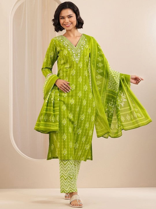 Women Floral Printed Regular Thread Work Kurta with Trousers & With Dupatta Set VitansEthnics