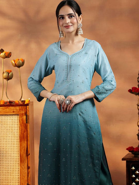 Women Ombre Regular Beads and Stones Kurta with Trousers & With Dupatta Set VitansEthnics