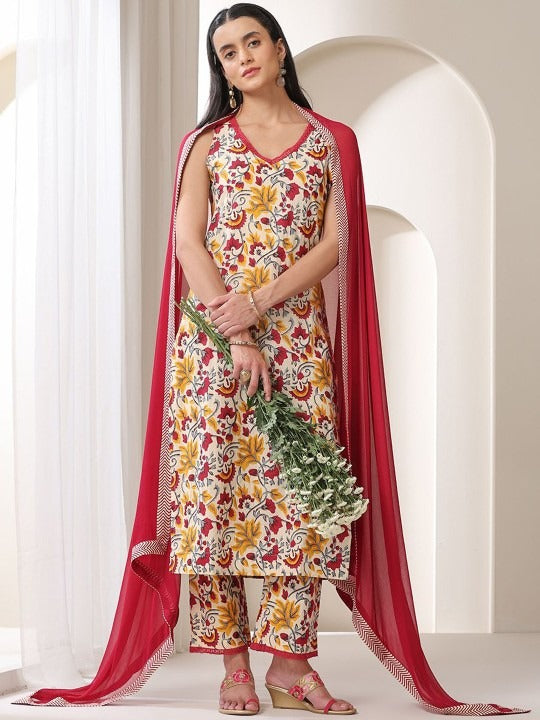 Floral Printed V-Neck Pure Cotton Straight Kurta With Trousers & Dupatta Set VitansEthnics