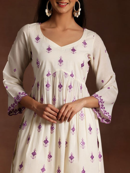 Ethnic Motifs Embroidered Mirror Work Pure Cotton Kurta with Trousers & Dupatta Set